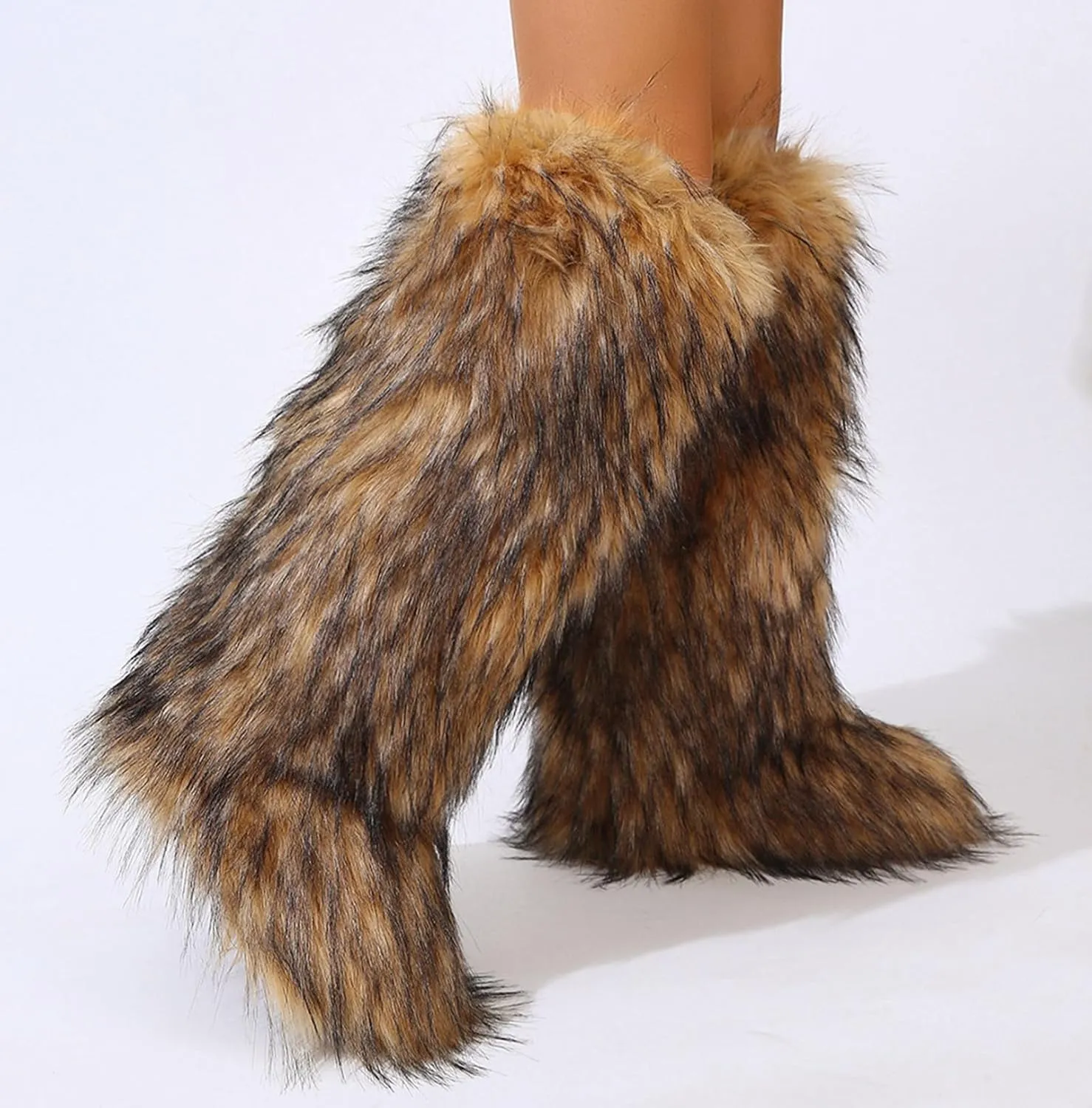 Gegefur Women's Furry Fluffy Boot Faux Fur Long Snow Boot Knee High Boots Warm Comfortable Outdoor Flat Shoes