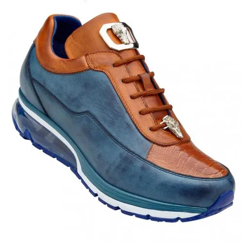 Genuine Ostrich & Italian Calfskin Sneakers - Belvedere Flash Antique Blue Safari