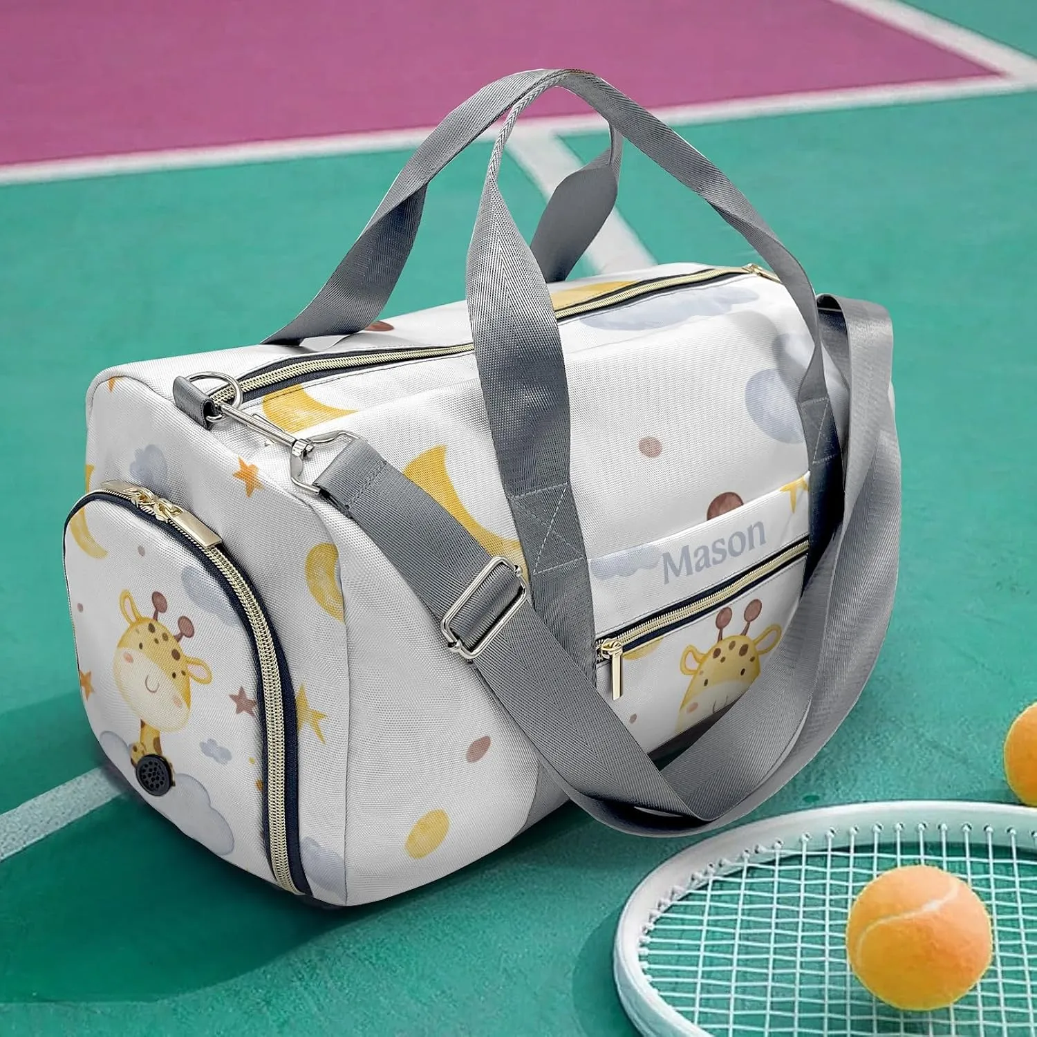 Giraffe Moon Stars Clouds 1 Personalized Duffel Bag,Custom Travel Gym Bag with Name,Waterproof Sports Overnight Bag with Shoe Compartment & Shoulder Strap