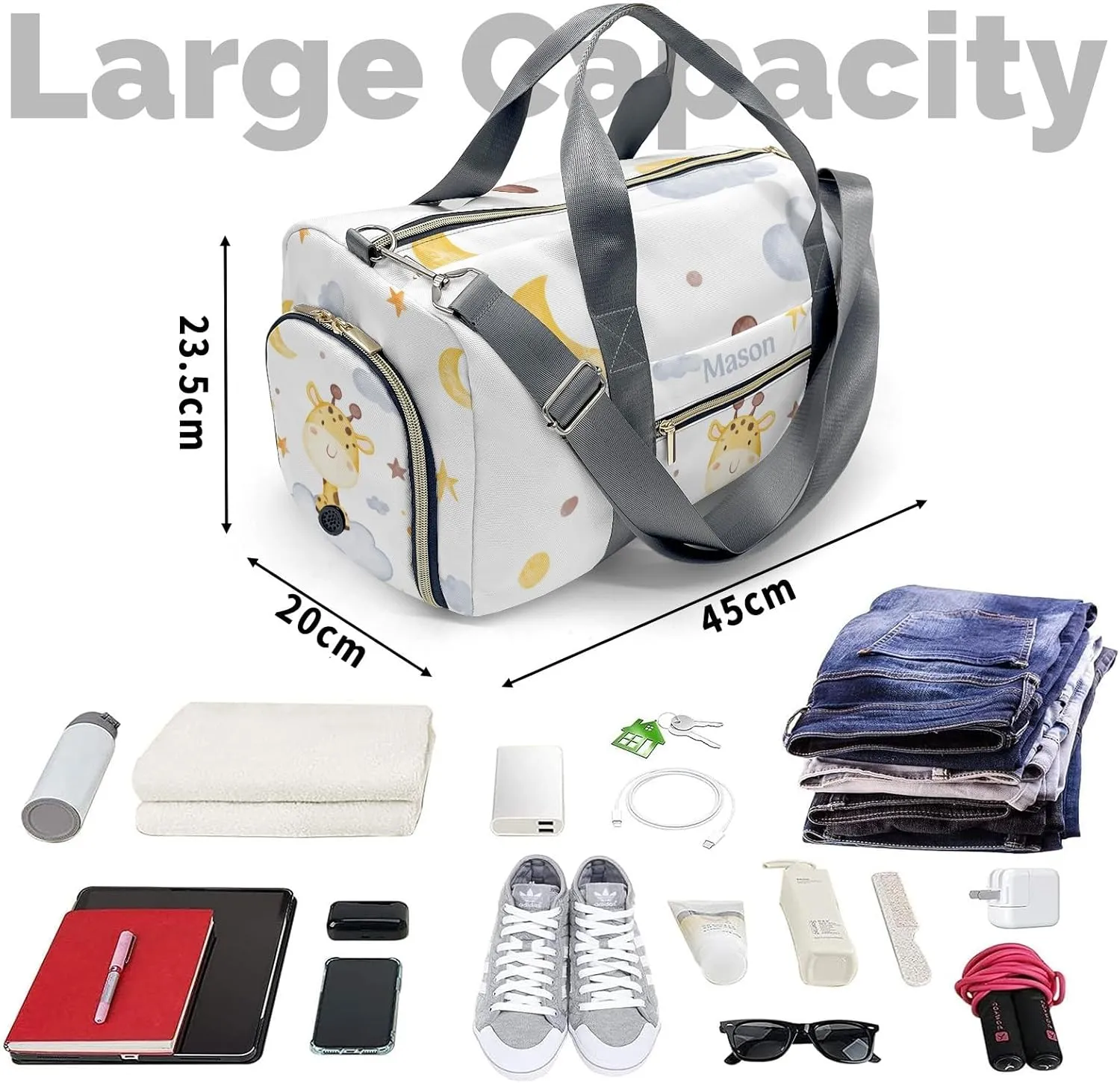 Giraffe Moon Stars Clouds 1 Personalized Duffel Bag,Custom Travel Gym Bag with Name,Waterproof Sports Overnight Bag with Shoe Compartment & Shoulder Strap
