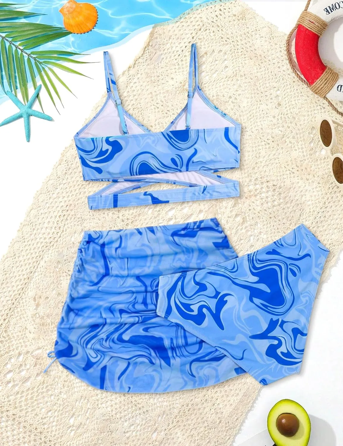 Girls Swimsuits 3 Piece Bathing Suit Allover Printed Criss Cross Bikini Set with Cover Up Skirt Beach Swimwear 7-16 Years
