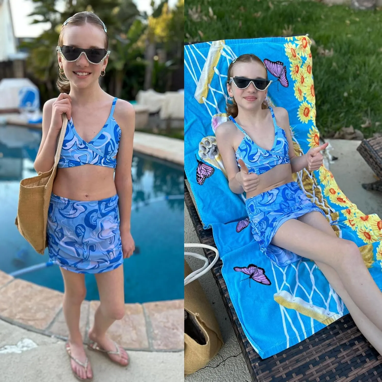 Girls Swimsuits 3 Piece Bathing Suit Allover Printed Criss Cross Bikini Set with Cover Up Skirt Beach Swimwear 7-16 Years