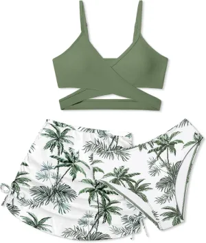 Girls Swimsuits 3 Piece Bathing Suit Allover Printed Criss Cross Bikini Set with Cover Up Skirt Beach Swimwear 7-16 Years