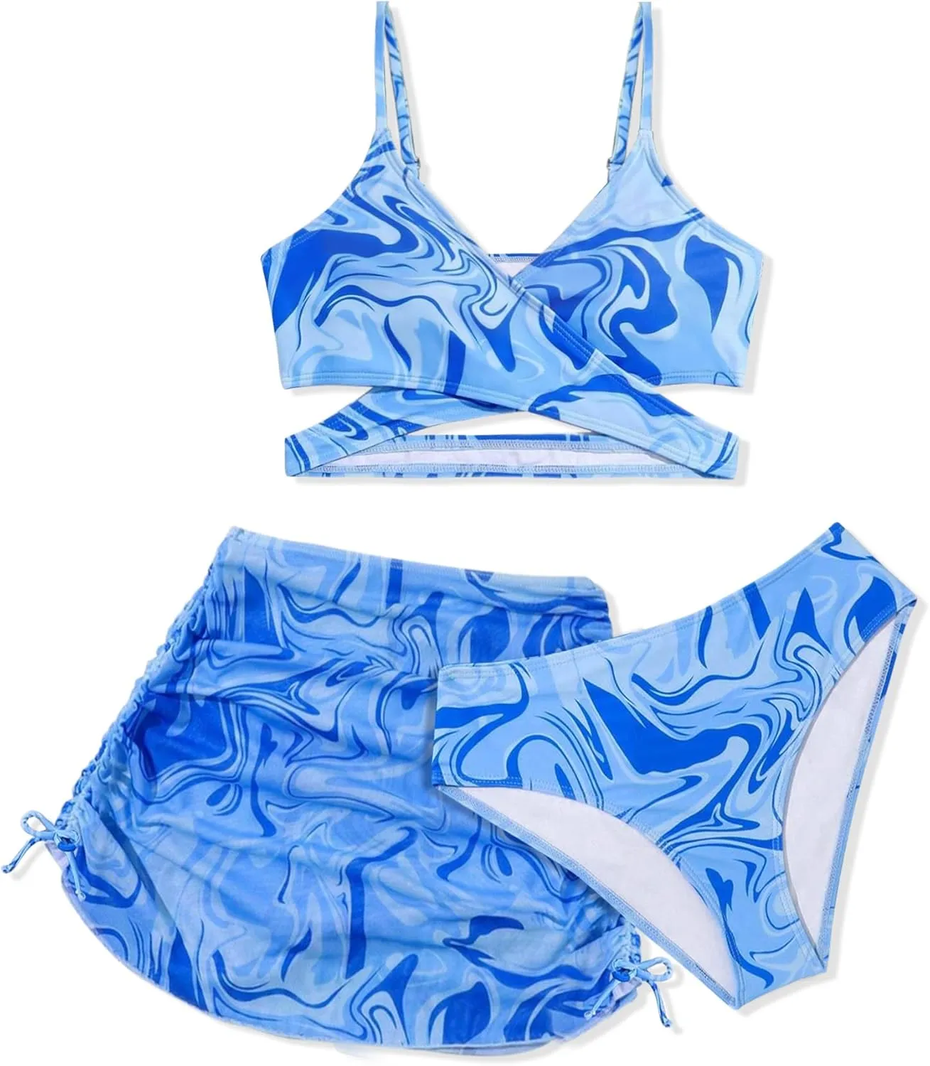 Girls Swimsuits 3 Piece Bathing Suit Allover Printed Criss Cross Bikini Set with Cover Up Skirt Beach Swimwear 7-16 Years