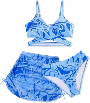 Girls Swimsuits 3 Piece Bathing Suit Allover Printed Criss Cross Bikini Set with Cover Up Skirt Beach Swimwear 7-16 Years