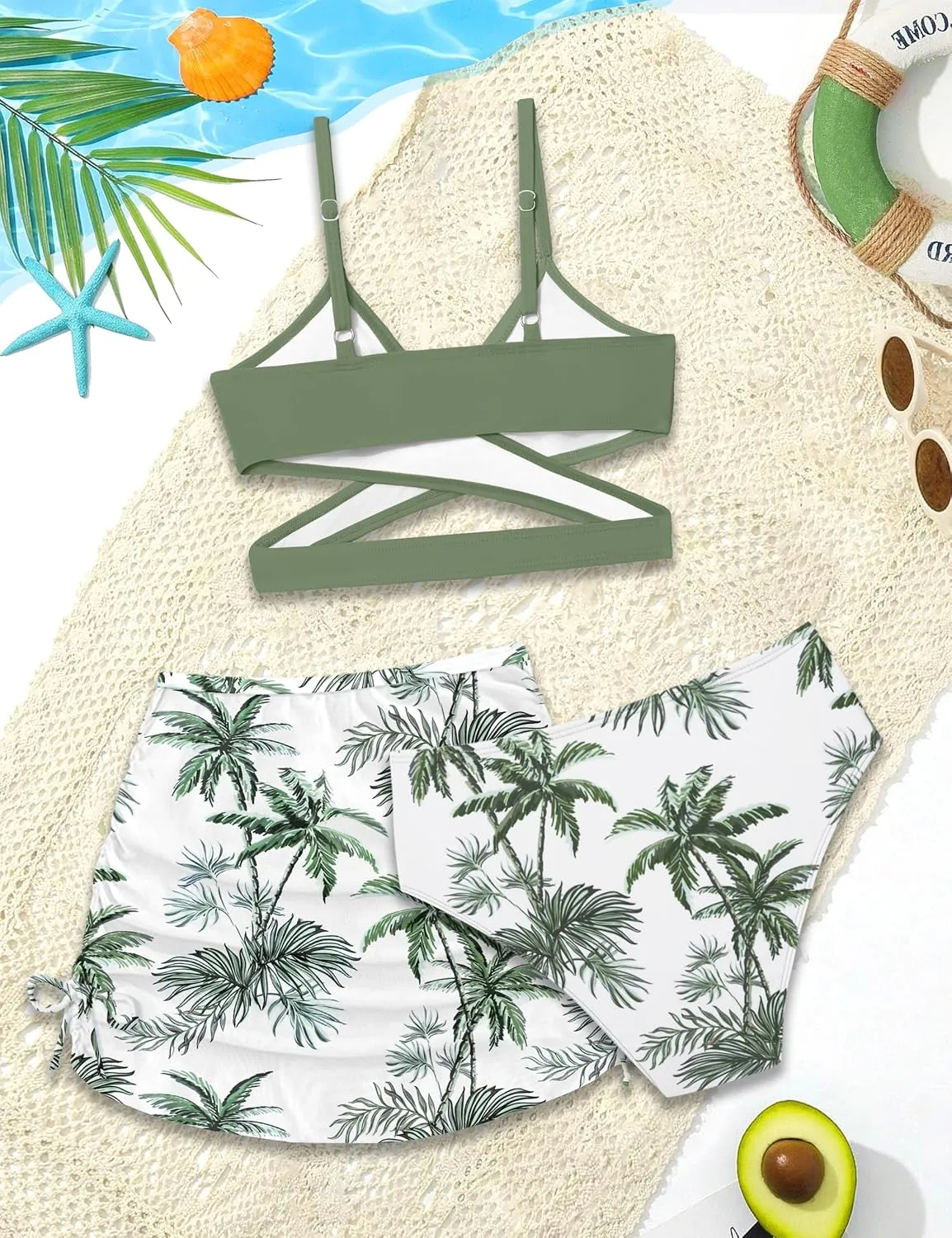 Girls Swimsuits 3 Piece Bathing Suit Allover Printed Criss Cross Bikini Set with Cover Up Skirt Beach Swimwear 7-16 Years