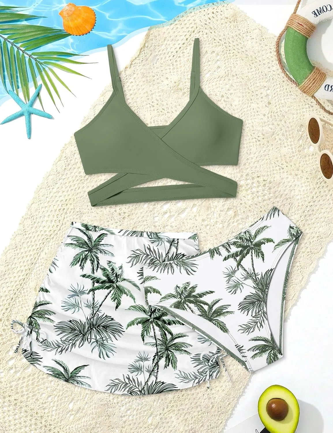 Girls Swimsuits 3 Piece Bathing Suit Allover Printed Criss Cross Bikini Set with Cover Up Skirt Beach Swimwear 7-16 Years