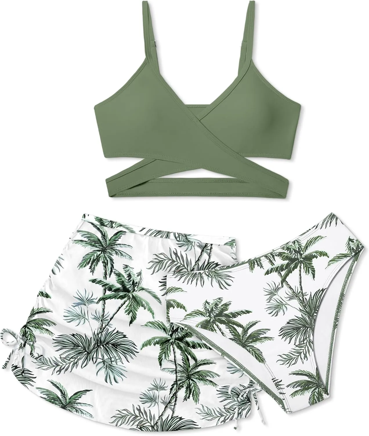 Girls Swimsuits 3 Piece Bathing Suit Allover Printed Criss Cross Bikini Set with Cover Up Skirt Beach Swimwear 7-16 Years
