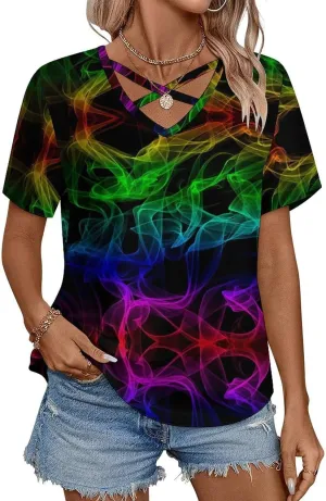 Glow in Dark Splatter Neon Women's Casual Short Sleeve Tops Loose V-Neck Criss Cross Tees