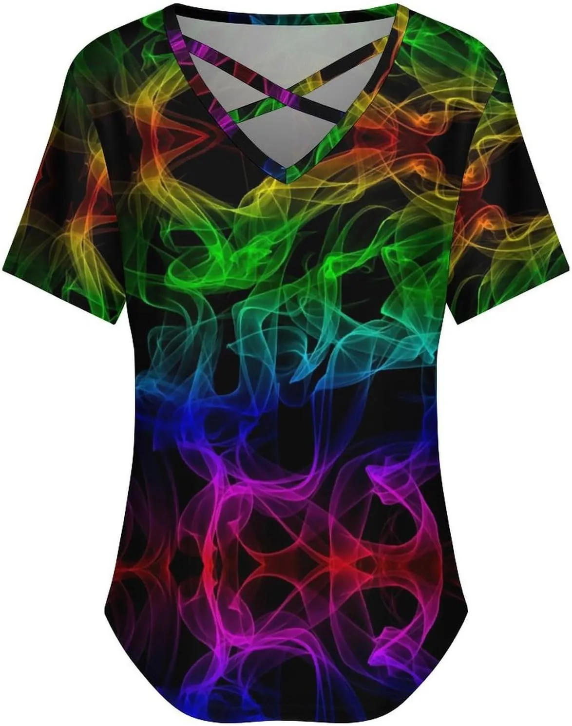 Glow in Dark Splatter Neon Women's Casual Short Sleeve Tops Loose V-Neck Criss Cross Tees