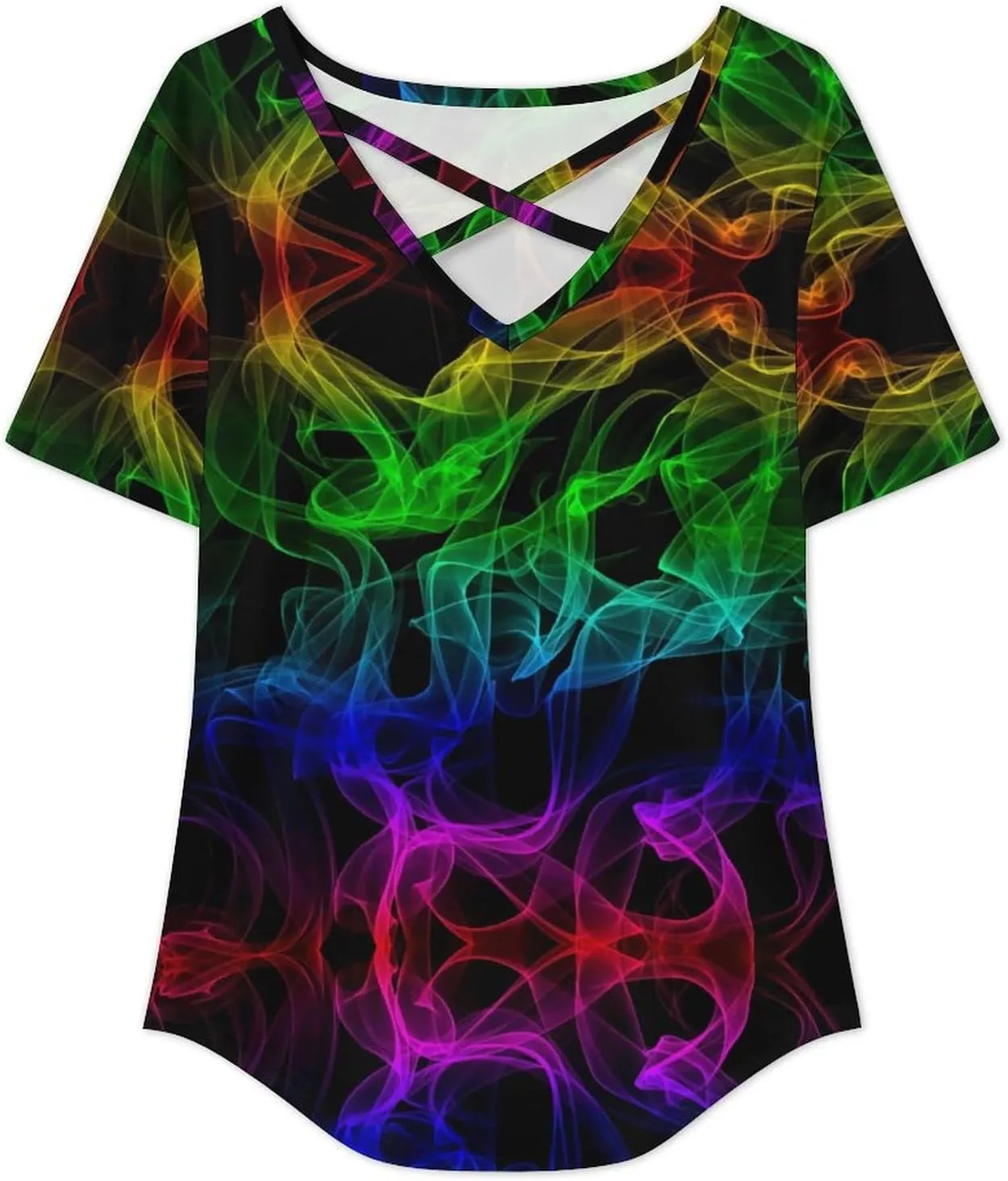 Glow in Dark Splatter Neon Women's Casual Short Sleeve Tops Loose V-Neck Criss Cross Tees