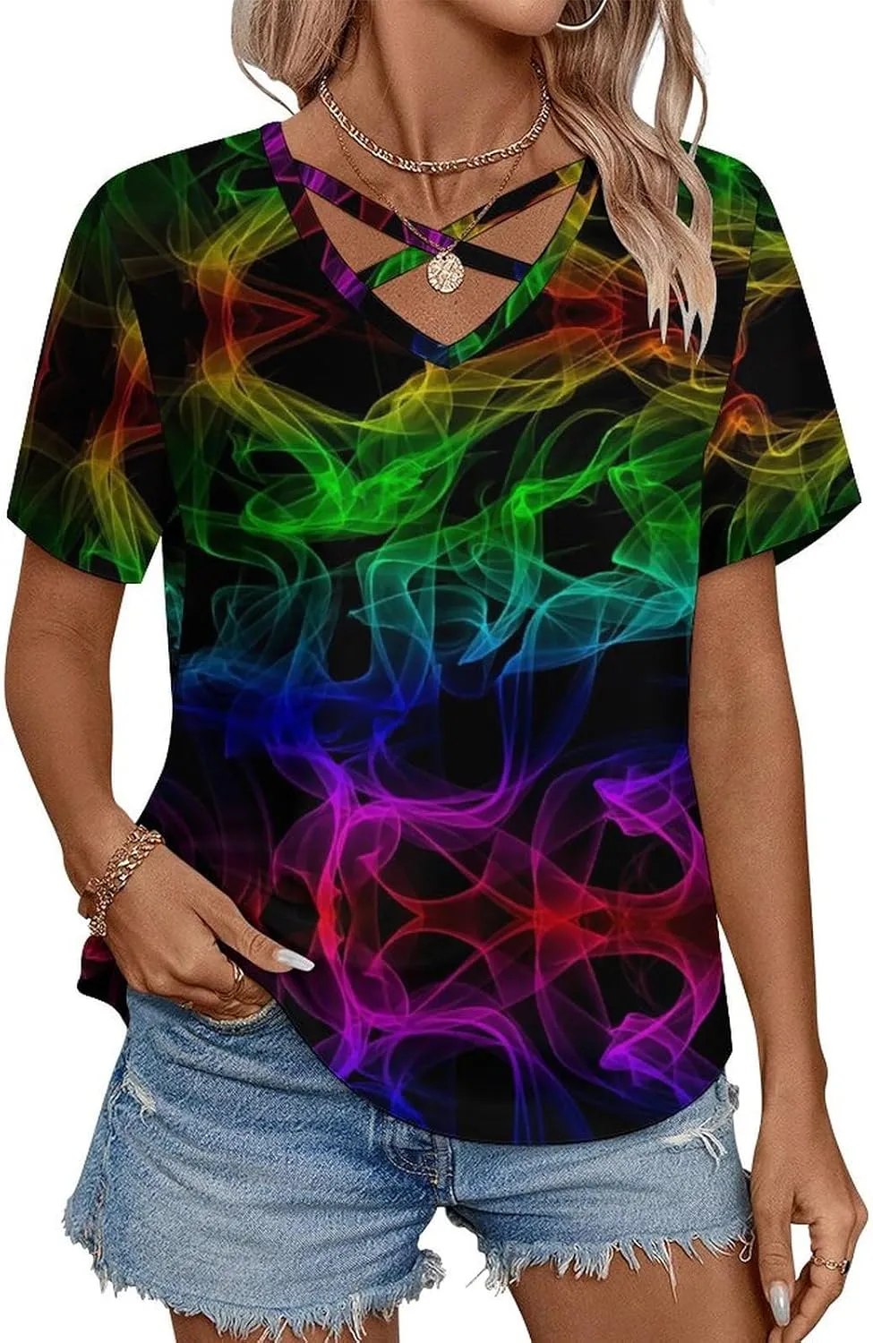 Glow in Dark Splatter Neon Women's Casual Short Sleeve Tops Loose V-Neck Criss Cross Tees