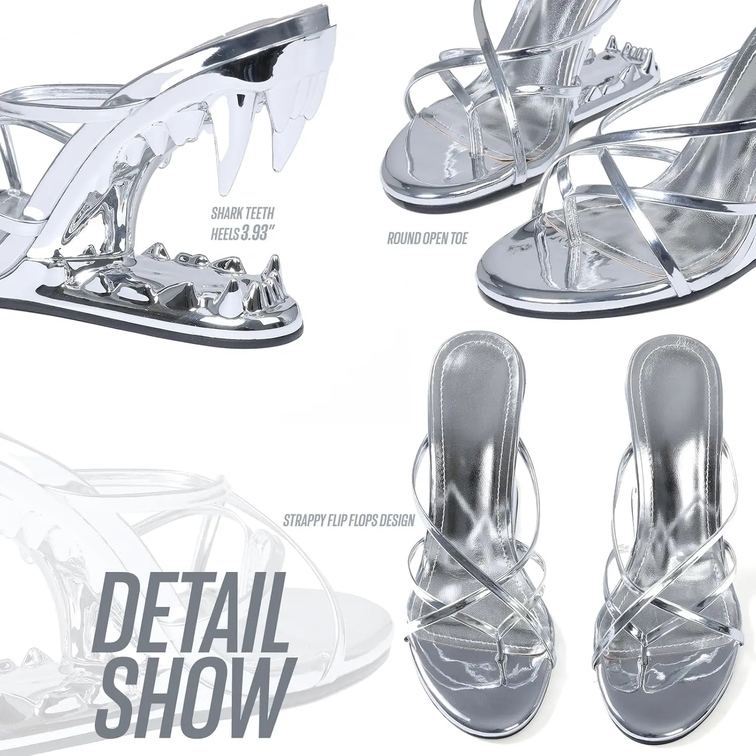 Goiphrri Wedge Sandals for Women Strappy Heels Round Open Toe Heels Metallic Shark Tiger Teeth heeled Sandals Flip Flops Thong Womens Mules Slip on Party Dress Wedding Ceremony