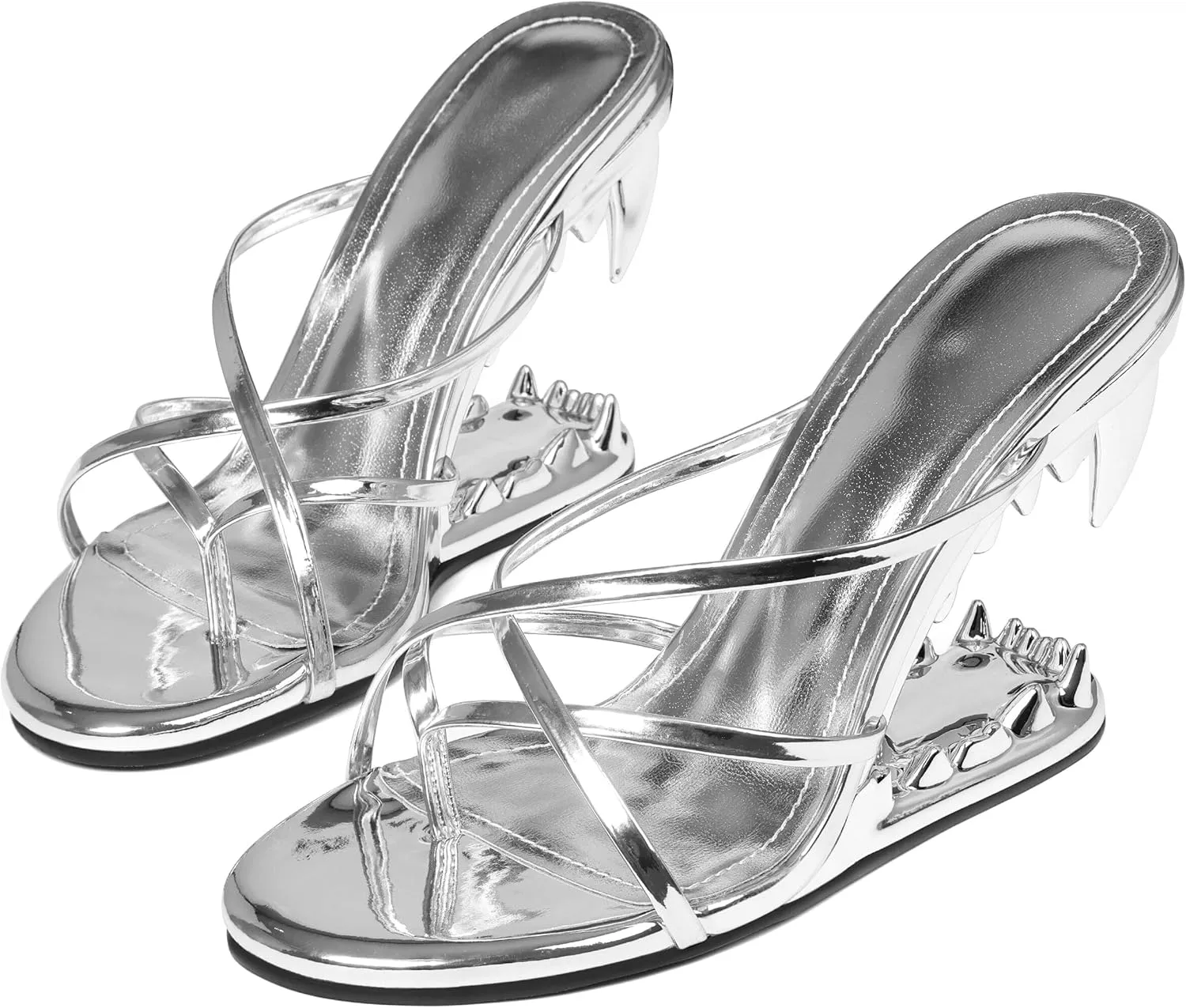 Goiphrri Wedge Sandals for Women Strappy Heels Round Open Toe Heels Metallic Shark Tiger Teeth heeled Sandals Flip Flops Thong Womens Mules Slip on Party Dress Wedding Ceremony