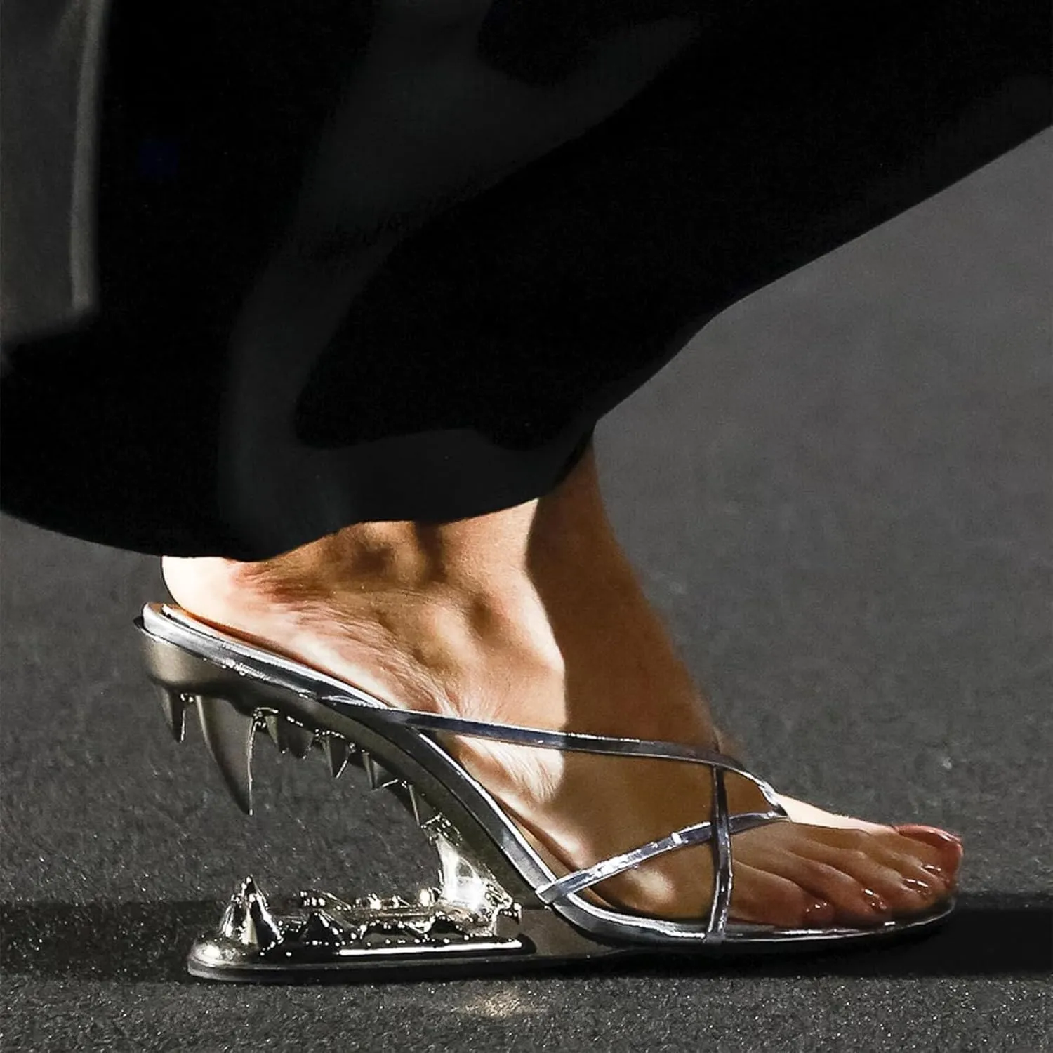 Goiphrri Wedge Sandals for Women Strappy Heels Round Open Toe Heels Metallic Shark Tiger Teeth heeled Sandals Flip Flops Thong Womens Mules Slip on Party Dress Wedding Ceremony