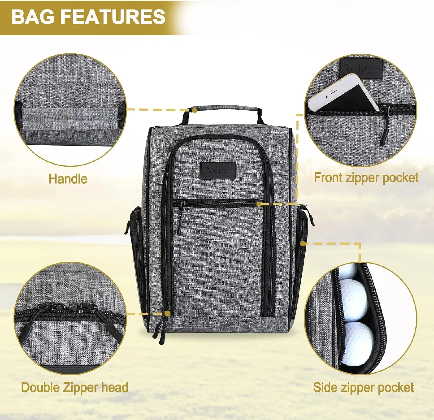 Goloni Golf Shoe Bag for Men & Women, Padded Travel Shoe Bag with Side Accessory Pockets,Sport Shoe Carrier for Golf Shoes,Socks,Tees & Balls,Durable & Lightweight Design (Gray)