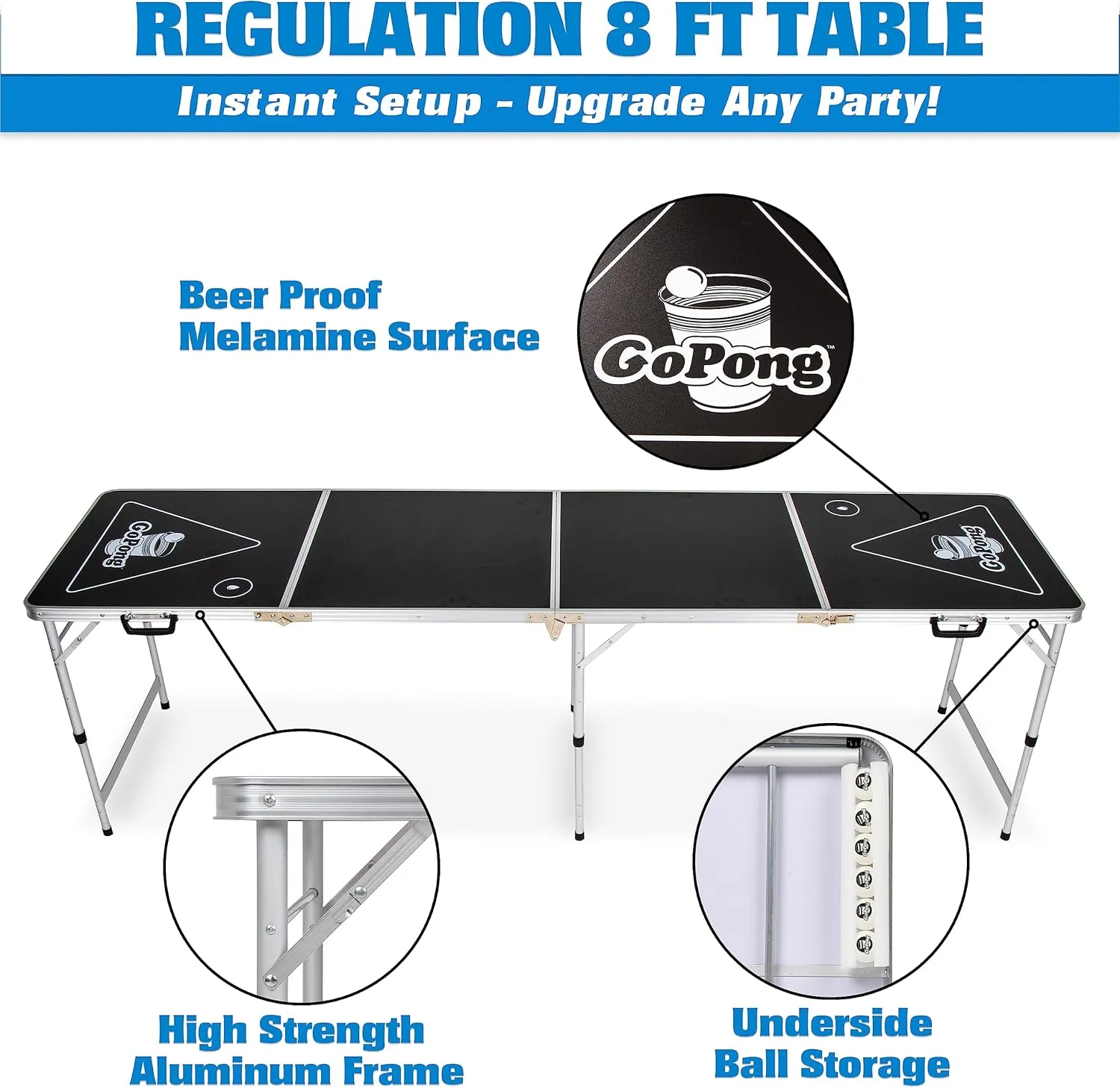 GoPong 8 Foot Portable Beer Pong / Tailgate Tables (Black, Football, American Flag, or Custom Dry Erase)