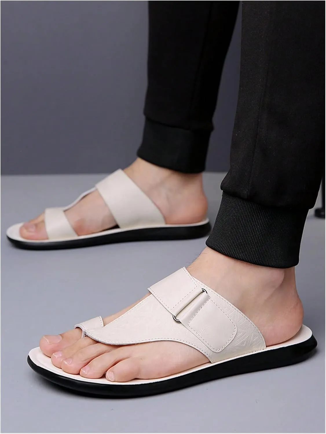 GORGLITTER Men's Leather Sandals Slide Beach Outdoor Round Flip Flops Slip On Slippers