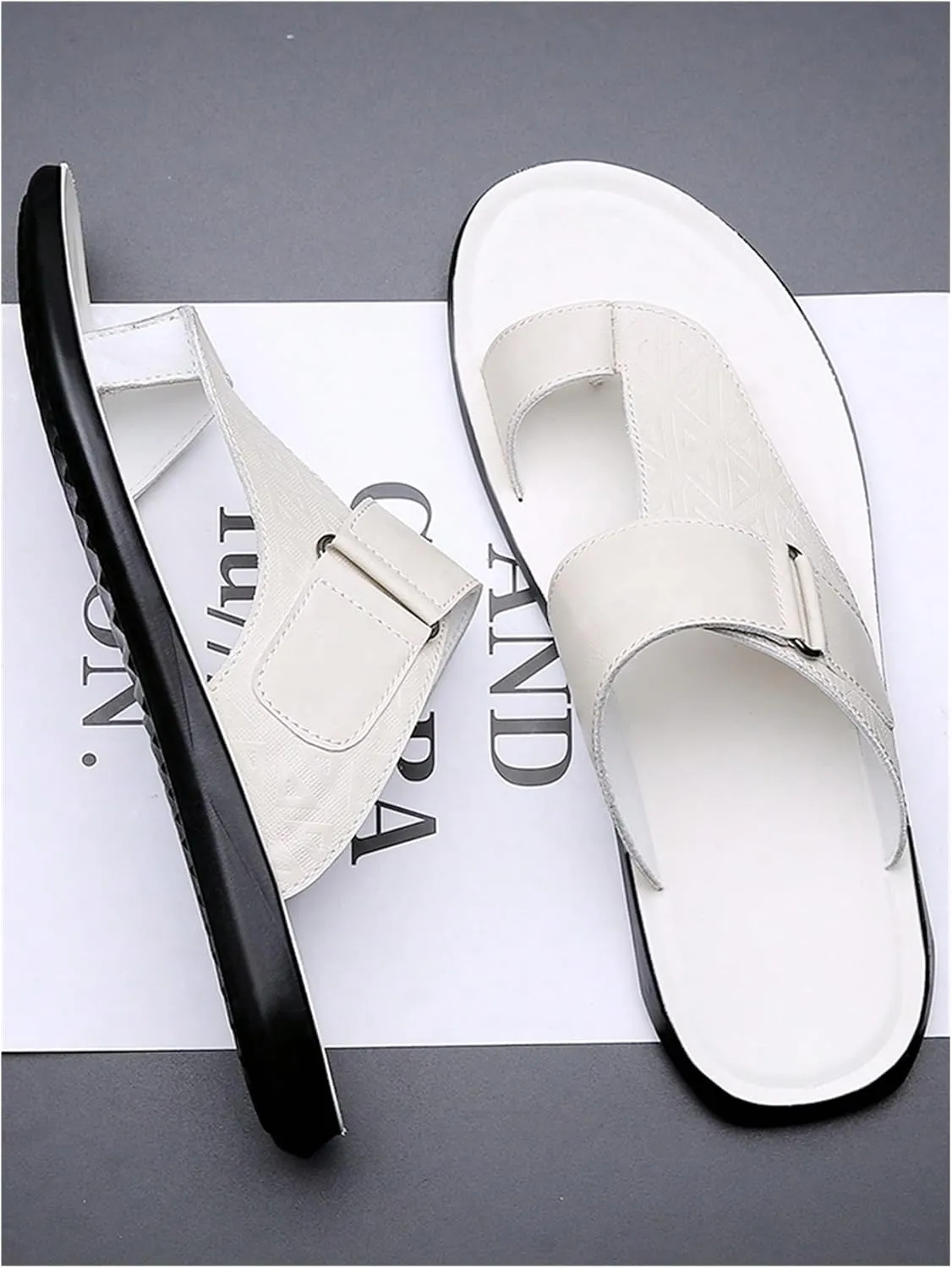 GORGLITTER Men's Leather Sandals Slide Beach Outdoor Round Flip Flops Slip On Slippers
