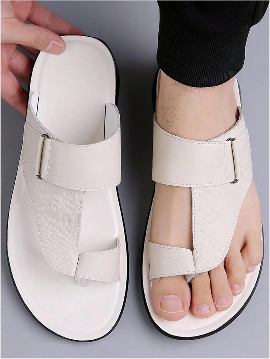 GORGLITTER Men's Leather Sandals Slide Beach Outdoor Round Flip Flops Slip On Slippers