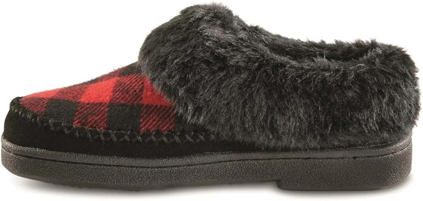 Guide Gear Womens Faux Fur Collar Clog Slippers, Plaid, Fur-Lined, Warm, Slip-On, Lounge Shoes, Bedroom House Slippers, Indoor and Outdoor