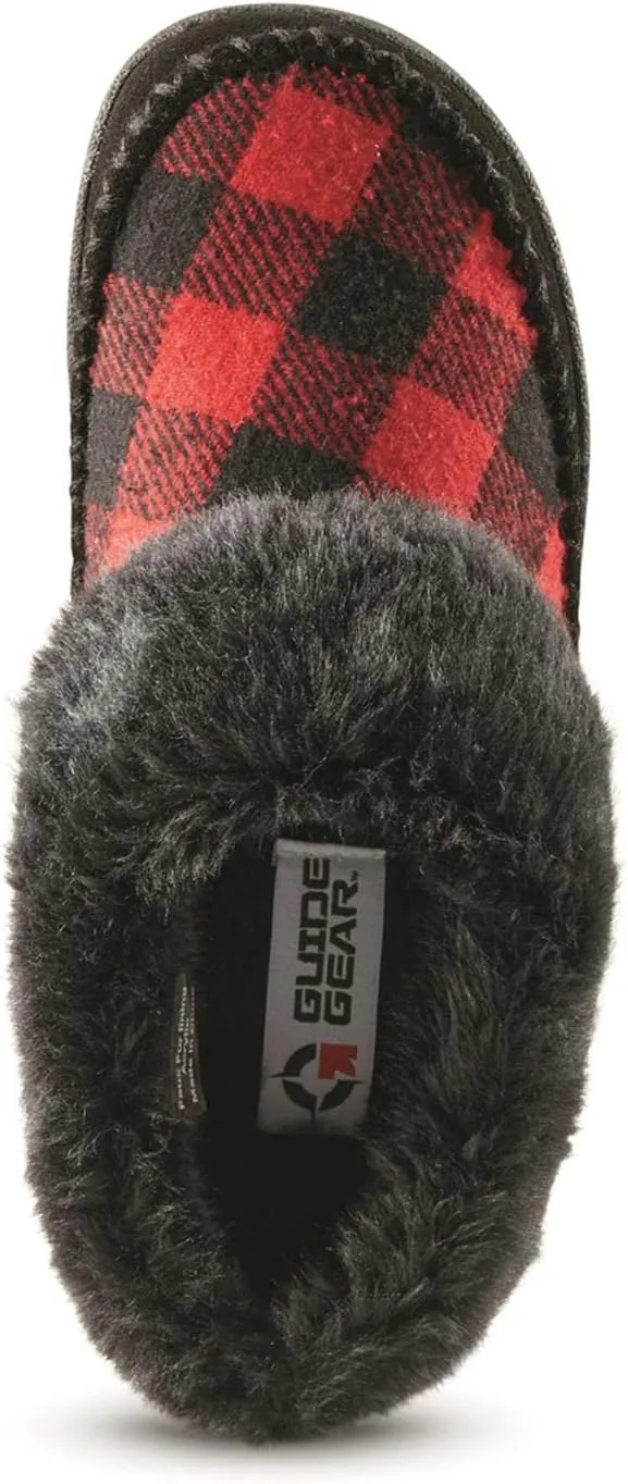 Guide Gear Womens Faux Fur Collar Clog Slippers, Plaid, Fur-Lined, Warm, Slip-On, Lounge Shoes, Bedroom House Slippers, Indoor and Outdoor