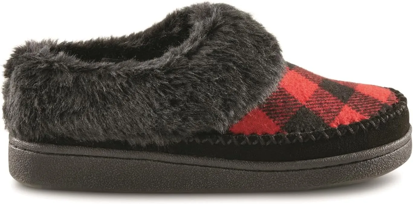 Guide Gear Womens Faux Fur Collar Clog Slippers, Plaid, Fur-Lined, Warm, Slip-On, Lounge Shoes, Bedroom House Slippers, Indoor and Outdoor