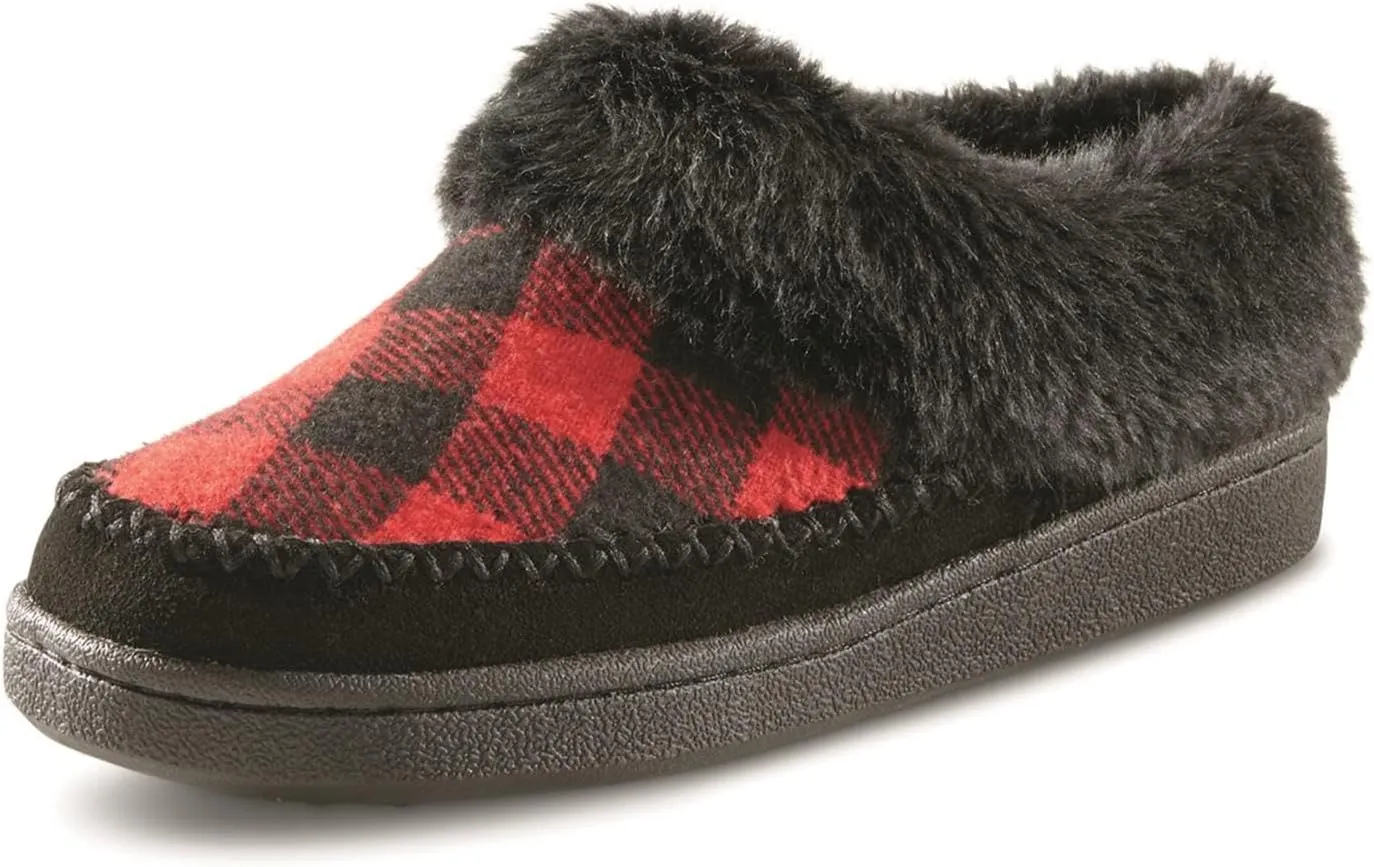 Guide Gear Womens Faux Fur Collar Clog Slippers, Plaid, Fur-Lined, Warm, Slip-On, Lounge Shoes, Bedroom House Slippers, Indoor and Outdoor