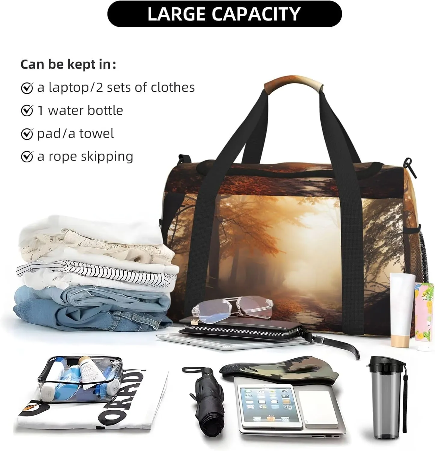 Gym Bag Autumn Foggy Maple Forest Duffel Bag for Men Women Travel Overnight Bag with Shoe Compartment Workout Bags