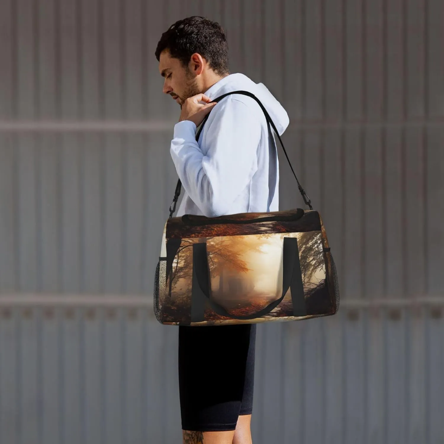 Gym Bag Autumn Foggy Maple Forest Duffel Bag for Men Women Travel Overnight Bag with Shoe Compartment Workout Bags