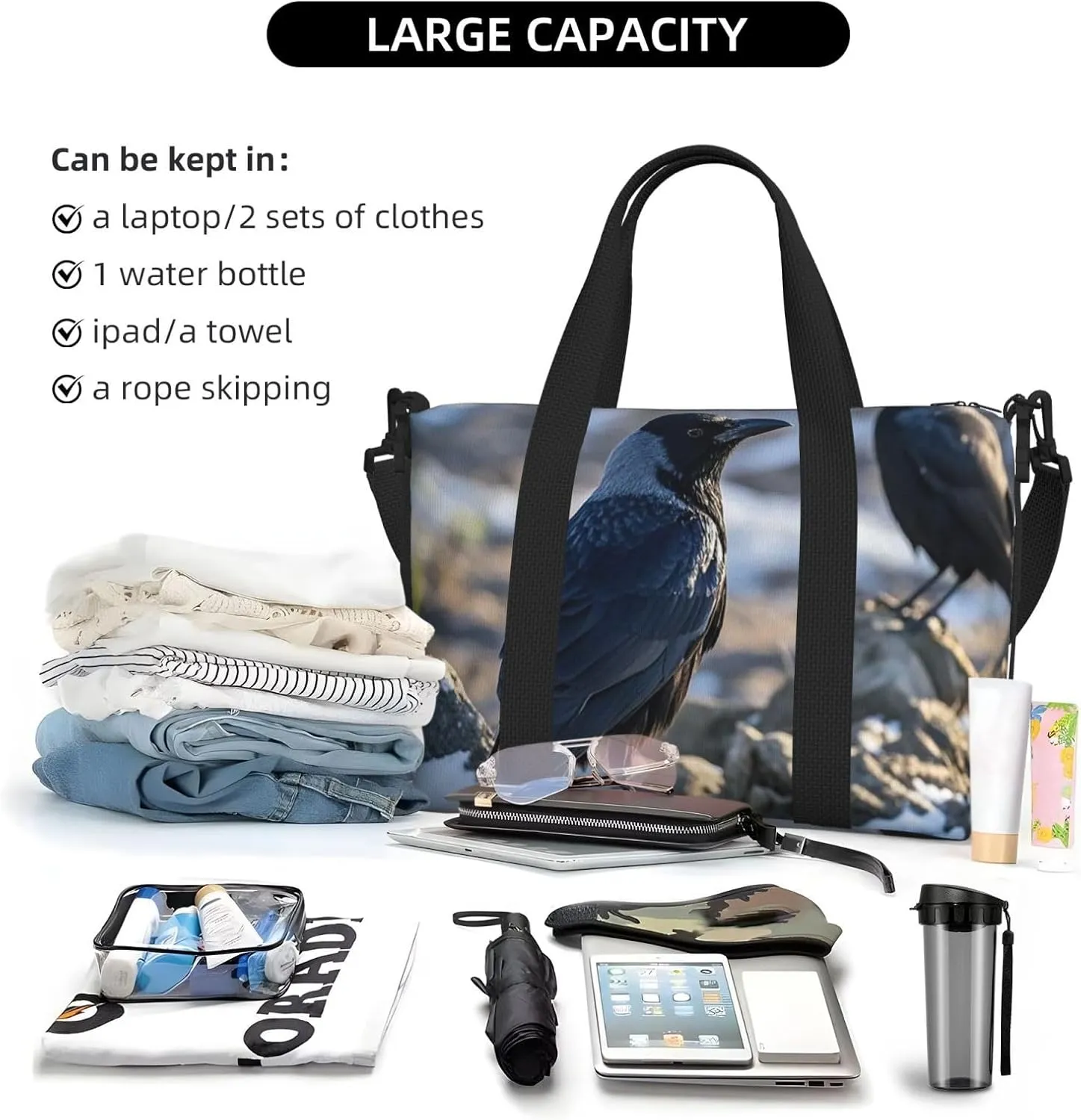 Gym Bag Black Crow Birds Duffel Bag for Men Women Travel Overnight Bag with Shoe Compartment Workout Bags