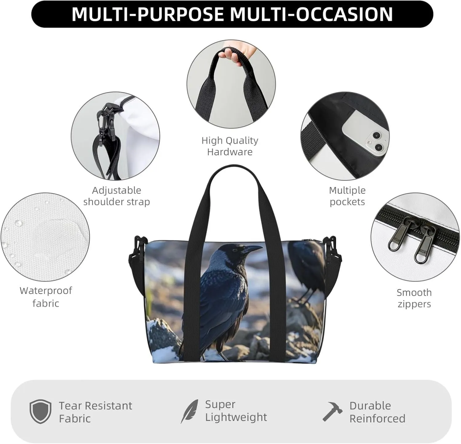 Gym Bag Black Crow Birds Duffel Bag for Men Women Travel Overnight Bag with Shoe Compartment Workout Bags