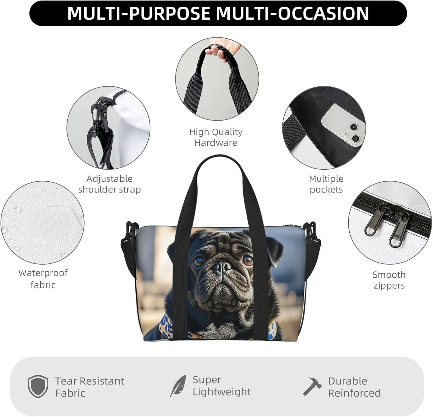 Gym Bag Cute Black Pug Dog2 Duffel Bag for Men Women Travel Overnight Bag with Shoe Compartment Workout Bags