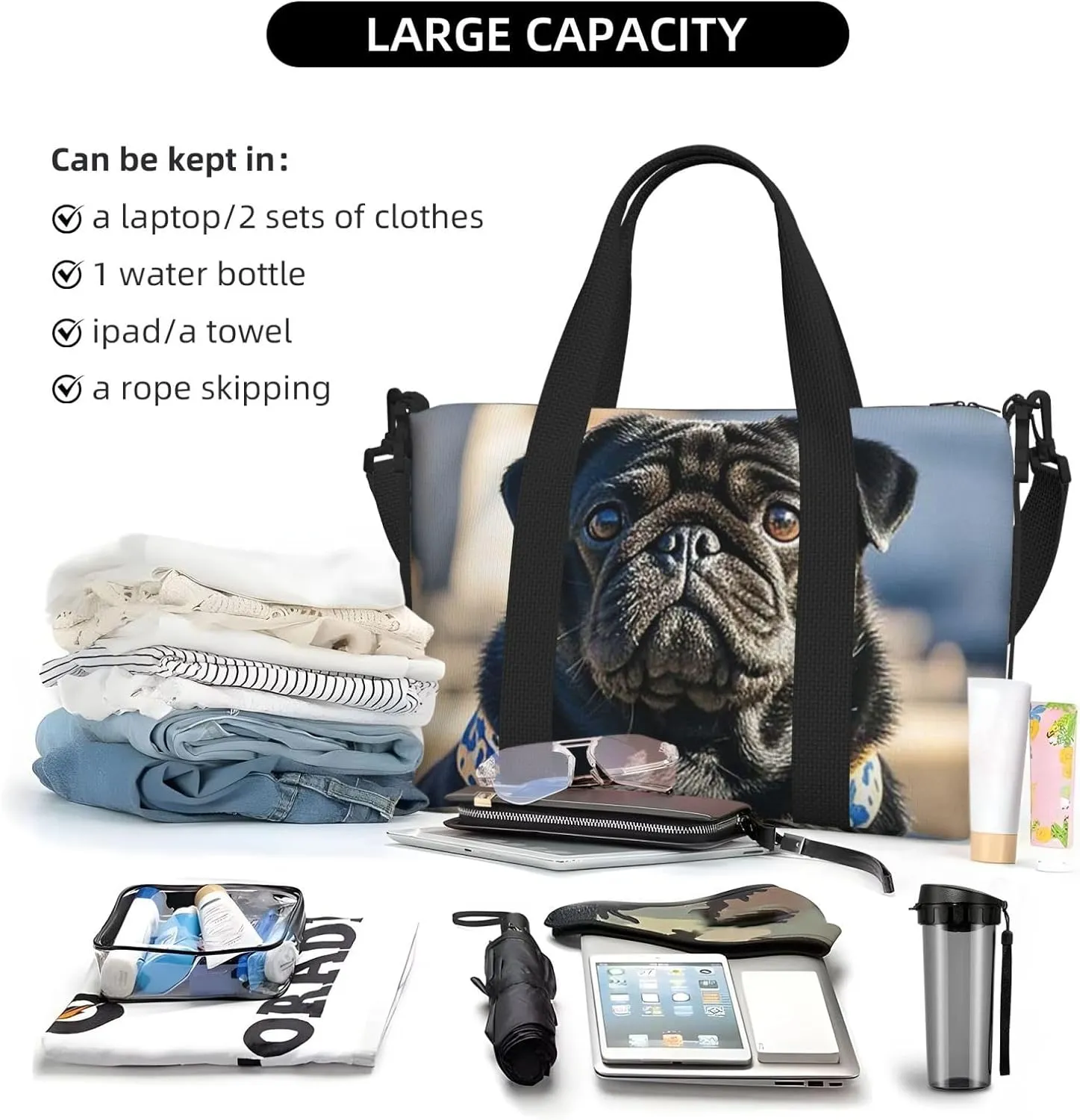 Gym Bag Cute Black Pug Dog2 Duffel Bag for Men Women Travel Overnight Bag with Shoe Compartment Workout Bags