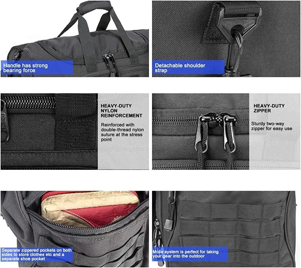 Gym Bag for Women & Men Tactical Duffle Military Weekender Work Out Lightweight Waterproof Sports Tote Shoe Pocket Black