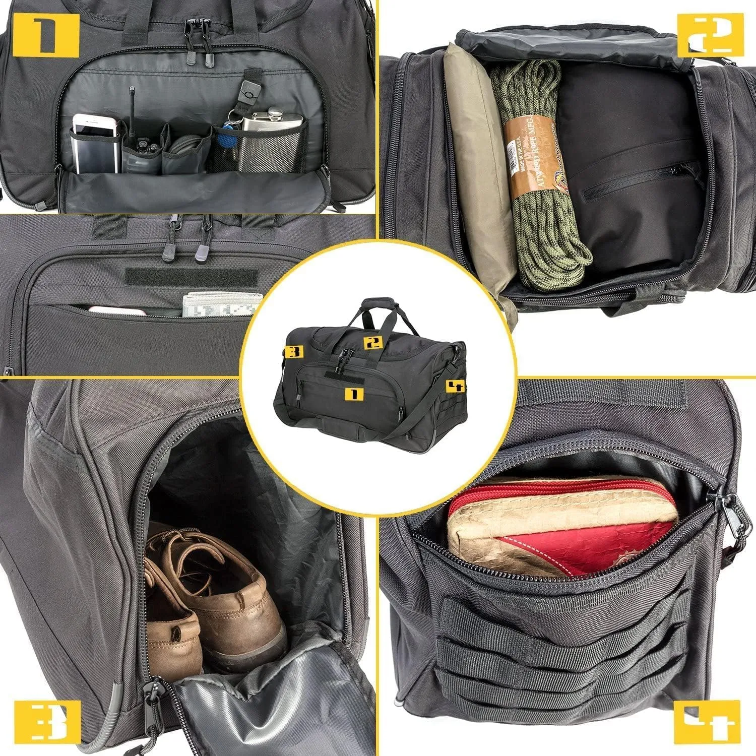 Gym Bag for Women & Men Tactical Duffle Military Weekender Work Out Lightweight Waterproof Sports Tote Shoe Pocket Black