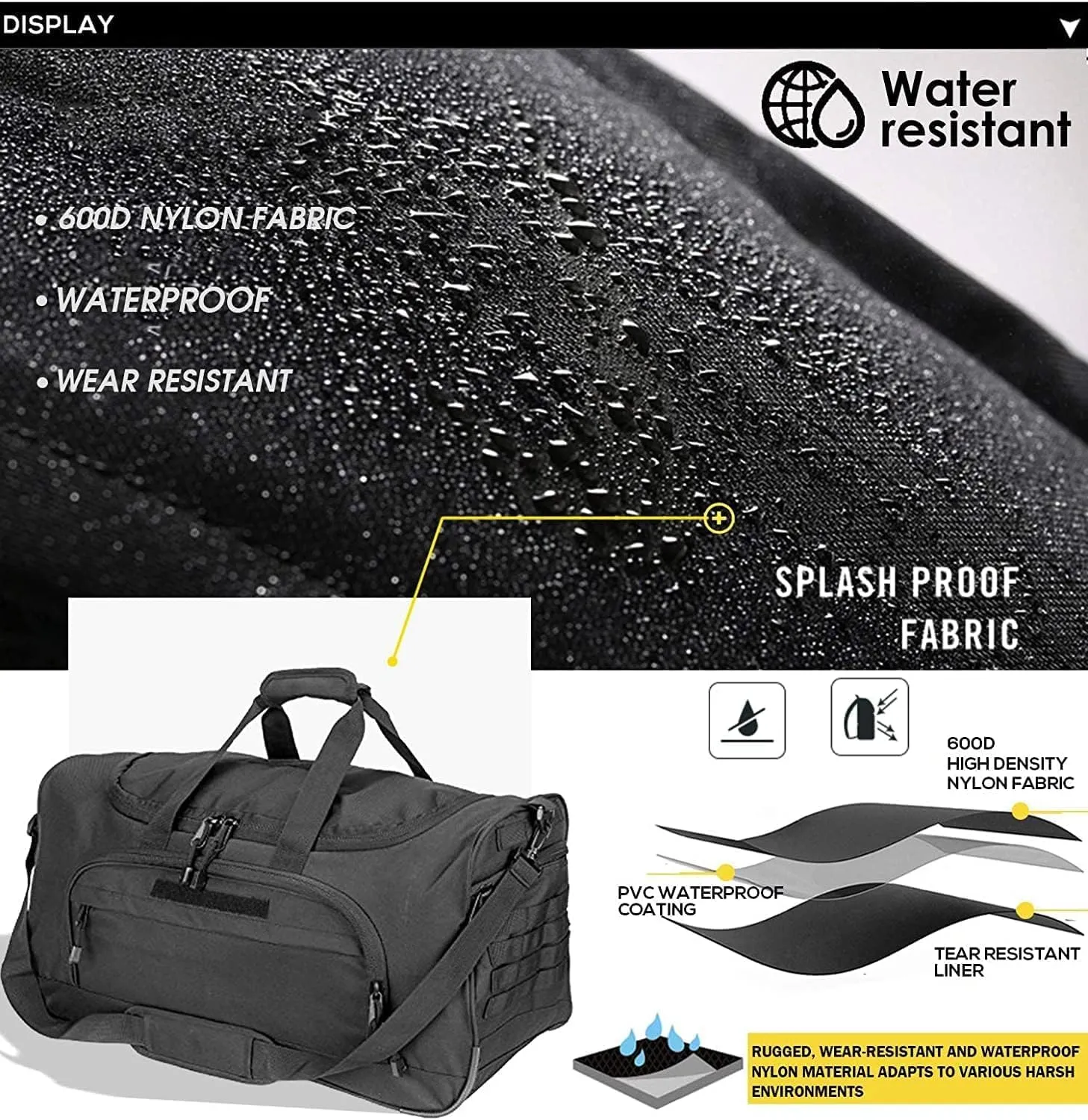 Gym Bag for Women & Men Tactical Duffle Military Weekender Work Out Lightweight Waterproof Sports Tote Shoe Pocket Black