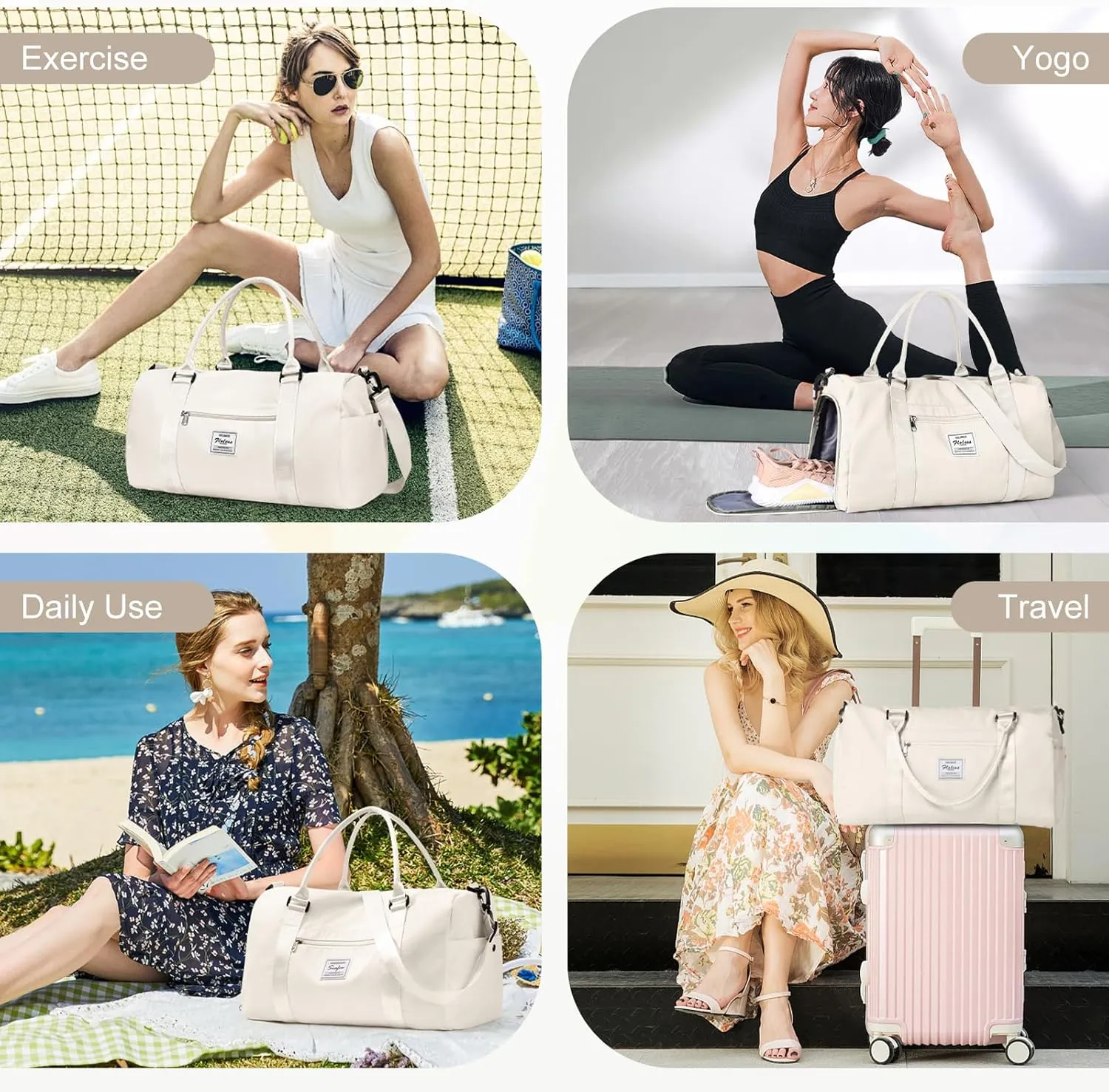 Gym Bag for Women Men with Shoes Compartment & toiletry bag,Sport Swimming Yoga Bag,Waterproof Travel Duffel Bag Small Carry on Bag Overnight Weekender Bags Personal Item Bag for Airlines Cream White