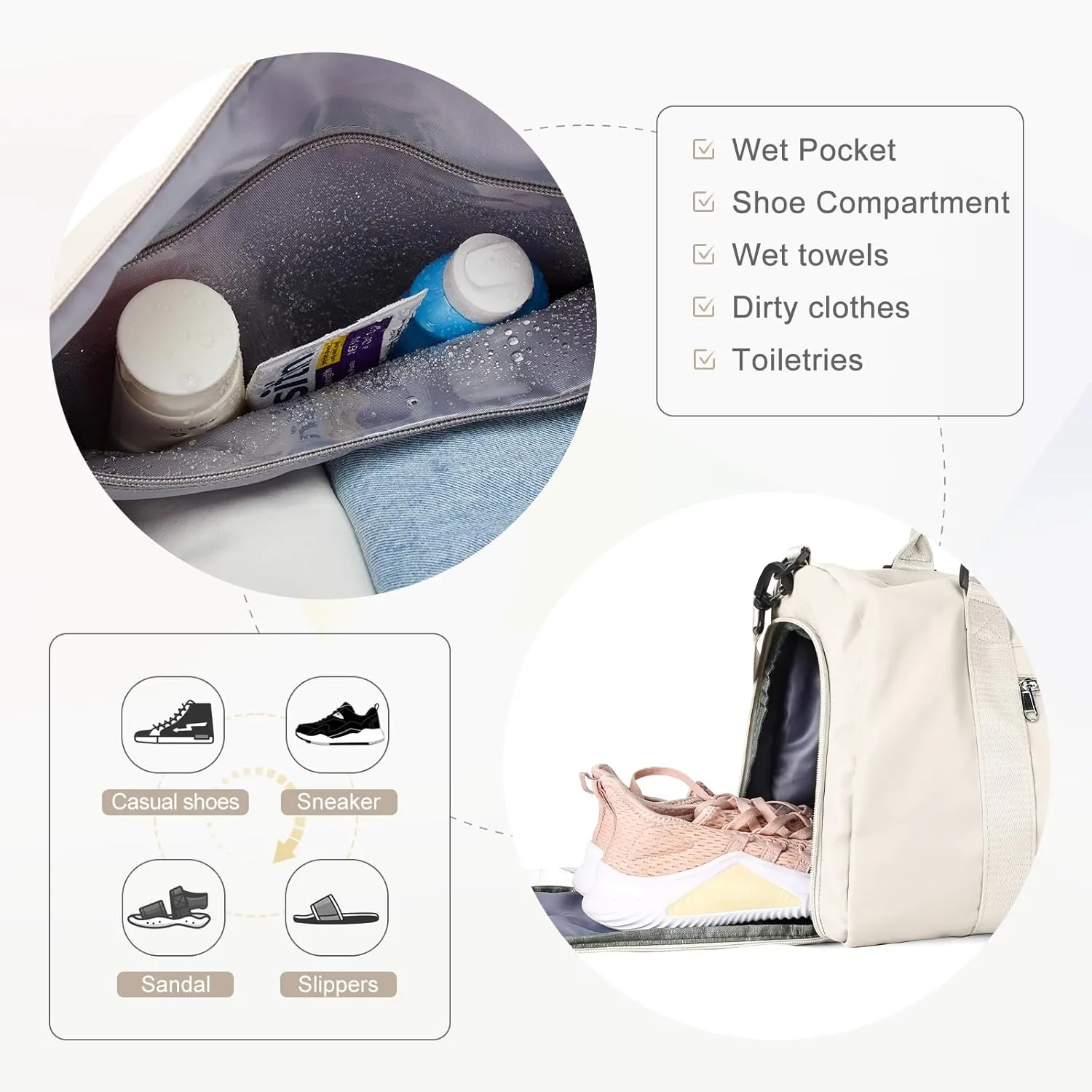 Gym Bag for Women Men with Shoes Compartment & toiletry bag,Sport Swimming Yoga Bag,Waterproof Travel Duffel Bag Small Carry on Bag Overnight Weekender Bags Personal Item Bag for Airlines Cream White