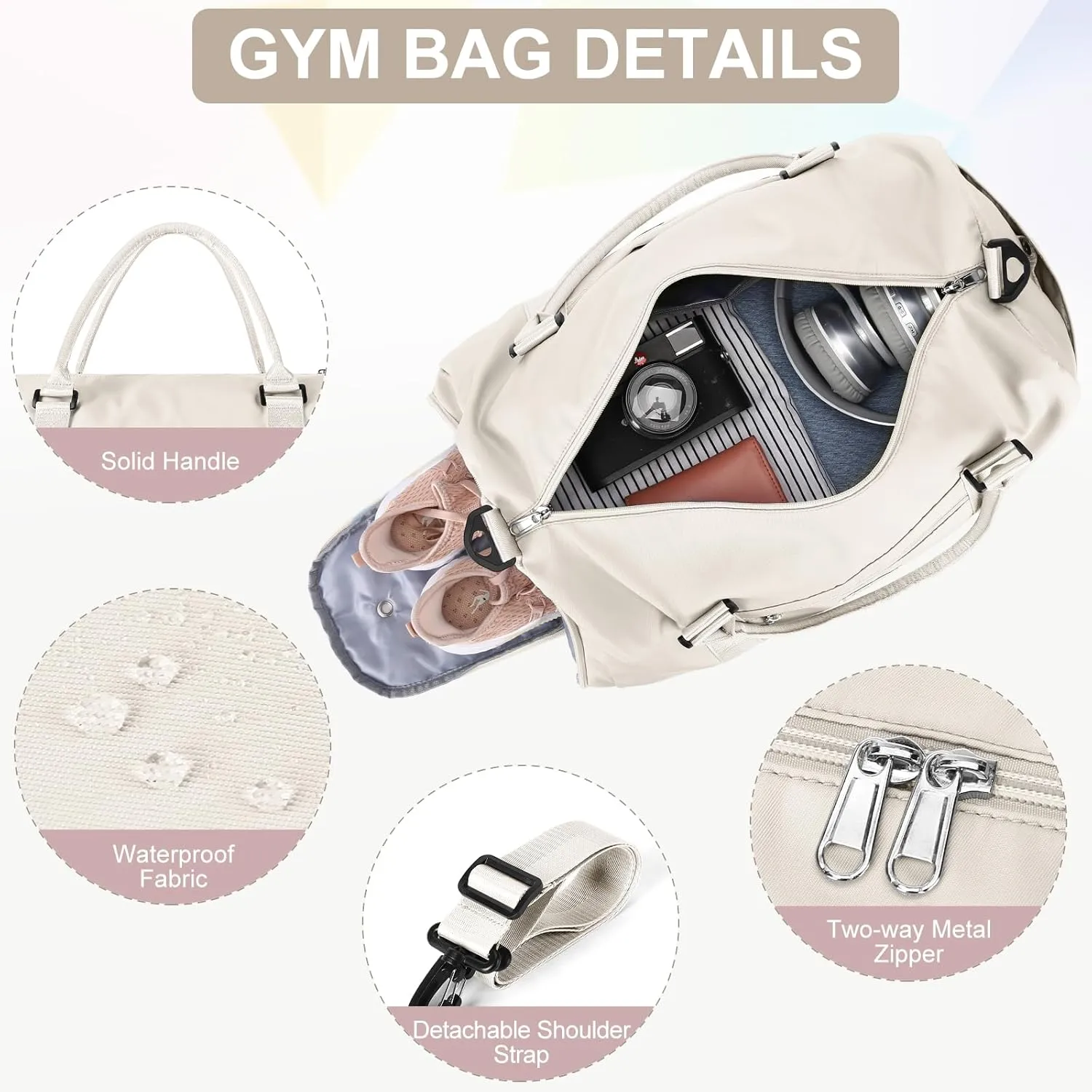 Gym Bag for Women Men with Shoes Compartment & toiletry bag,Sport Swimming Yoga Bag,Waterproof Travel Duffel Bag Small Carry on Bag Overnight Weekender Bags Personal Item Bag for Airlines Cream White