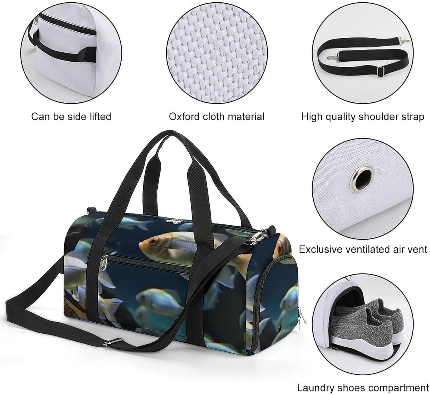 Gym Bag Swimming Fish Duffel Bag for Men Women Travel Overnight Bag with Shoe Compartment Workout Bags