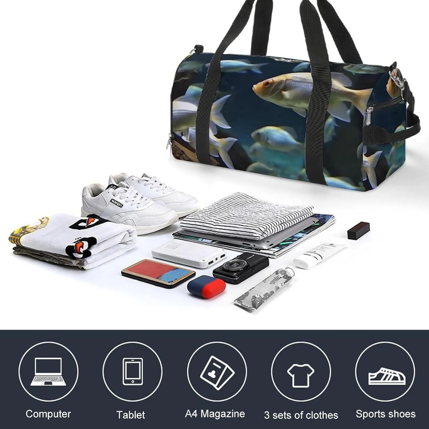 Gym Bag Swimming Fish Duffel Bag for Men Women Travel Overnight Bag with Shoe Compartment Workout Bags