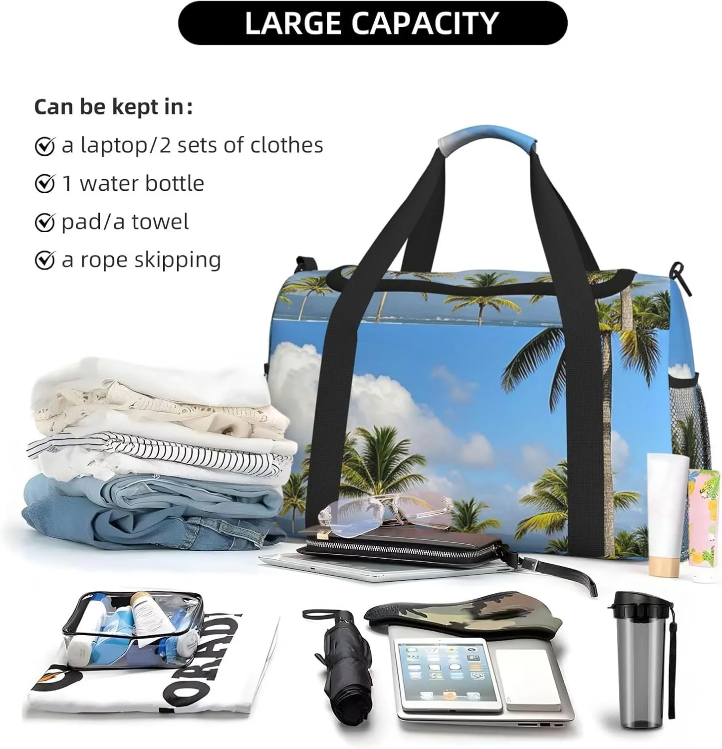 Gym Bag Tall Tropical Palm Trees Duffel Bag for Men Women Travel Overnight Bag with Shoe Compartment Workout Bags