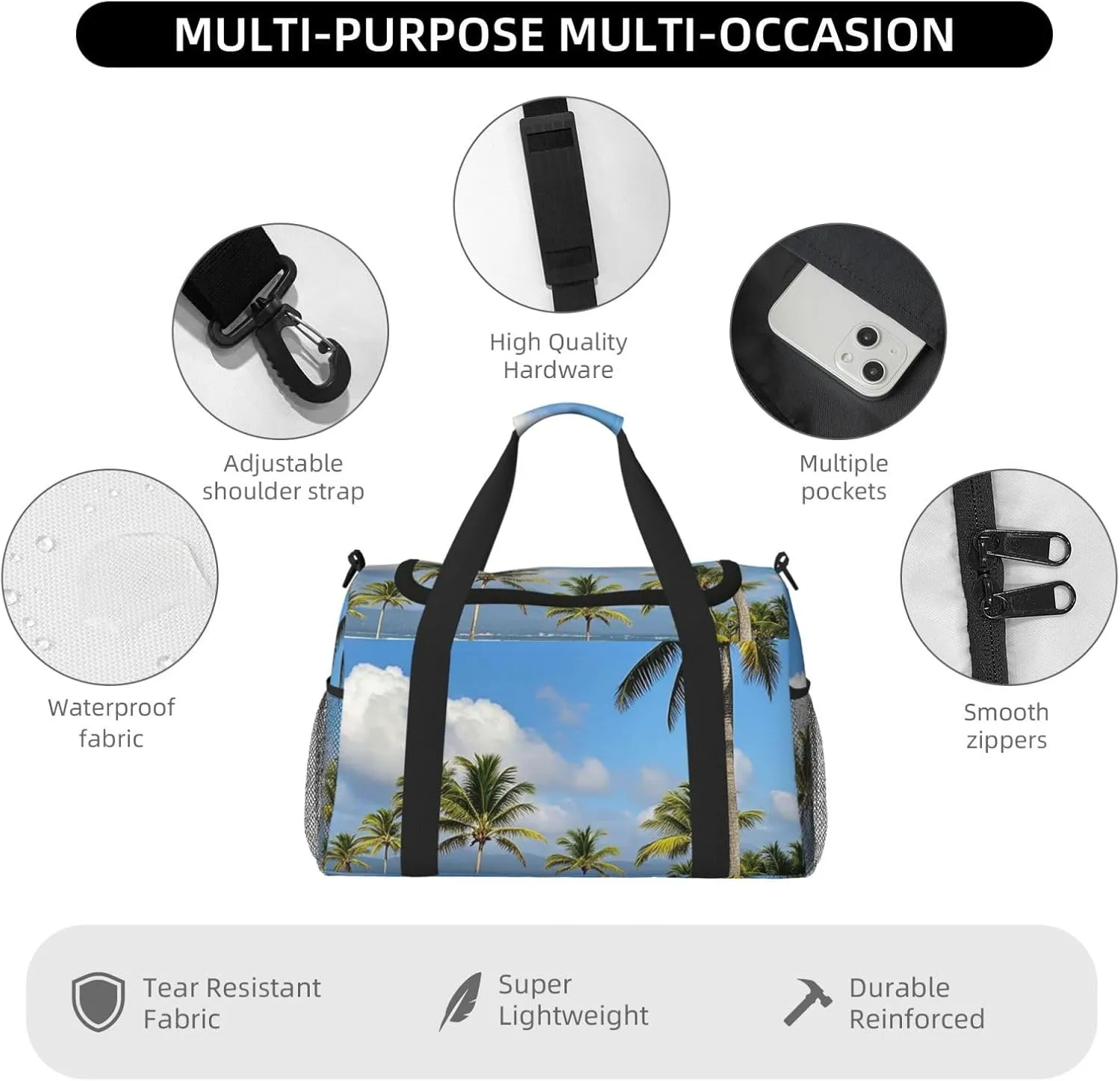 Gym Bag Tall Tropical Palm Trees Duffel Bag for Men Women Travel Overnight Bag with Shoe Compartment Workout Bags