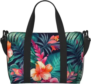 Gym Bag Tropical Floral Leaves Duffel Bag for Men Women Travel Overnight Bag with Shoe Compartment Workout Bags