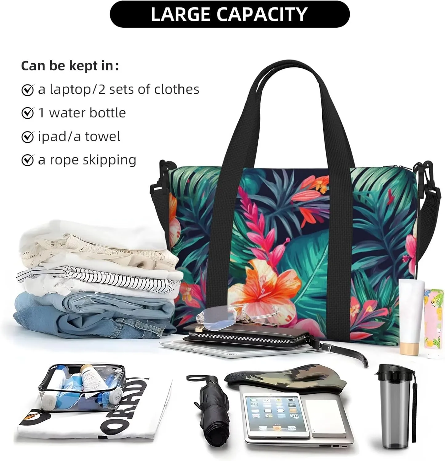 Gym Bag Tropical Floral Leaves Duffel Bag for Men Women Travel Overnight Bag with Shoe Compartment Workout Bags