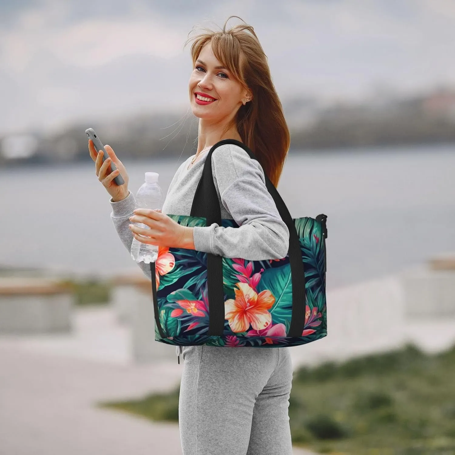Gym Bag Tropical Floral Leaves Duffel Bag for Men Women Travel Overnight Bag with Shoe Compartment Workout Bags