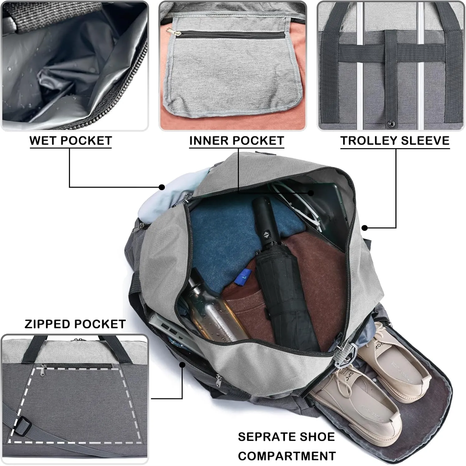 Gym Bags for Women Men with Wet & Shoe Compartment, 40L Foldable Travel Duffle Bag, Lightweight Weekender Overnight Duffel Bag for Traveling Sports Gym(Grey)