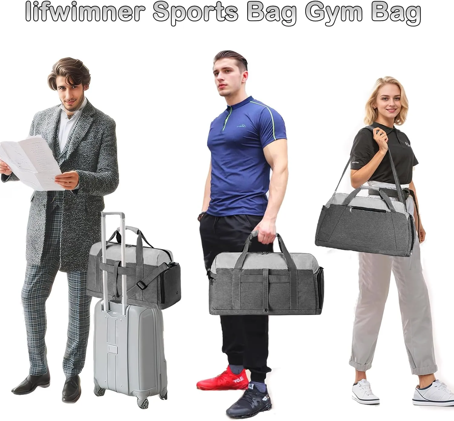 Gym Bags for Women Men with Wet & Shoe Compartment, 40L Foldable Travel Duffle Bag, Lightweight Weekender Overnight Duffel Bag for Traveling Sports Gym(Grey)