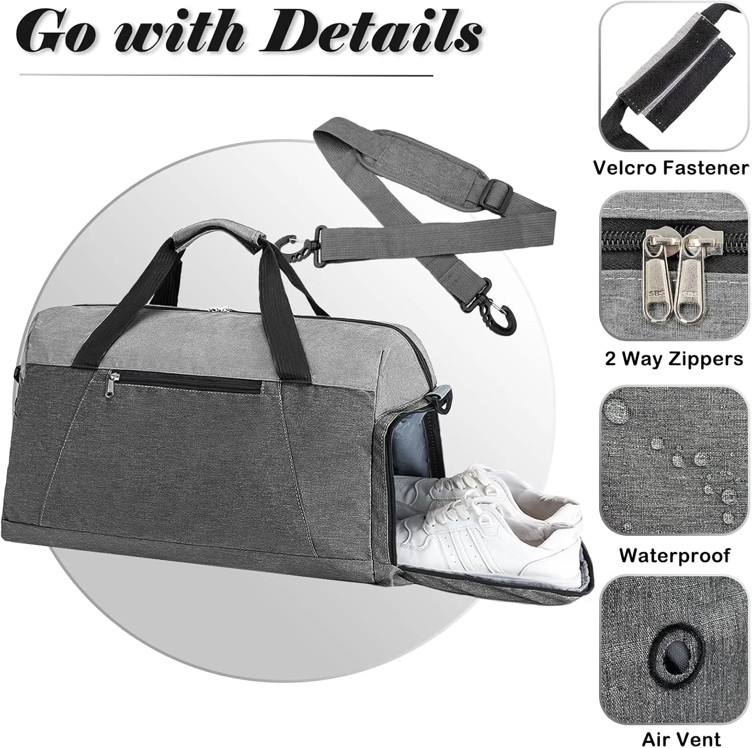 Gym Bags for Women Men with Wet & Shoe Compartment, 40L Foldable Travel Duffle Bag, Lightweight Weekender Overnight Duffel Bag for Traveling Sports Gym(Grey)